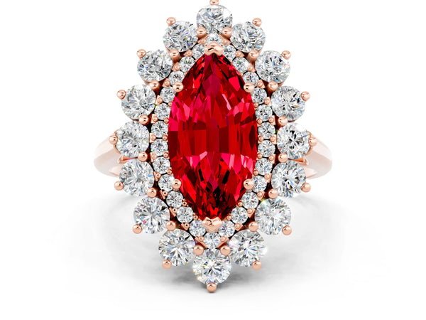 Rose gold Marquise Cut Ruby Floral Double Halo Engagement Ring with Prong Setting