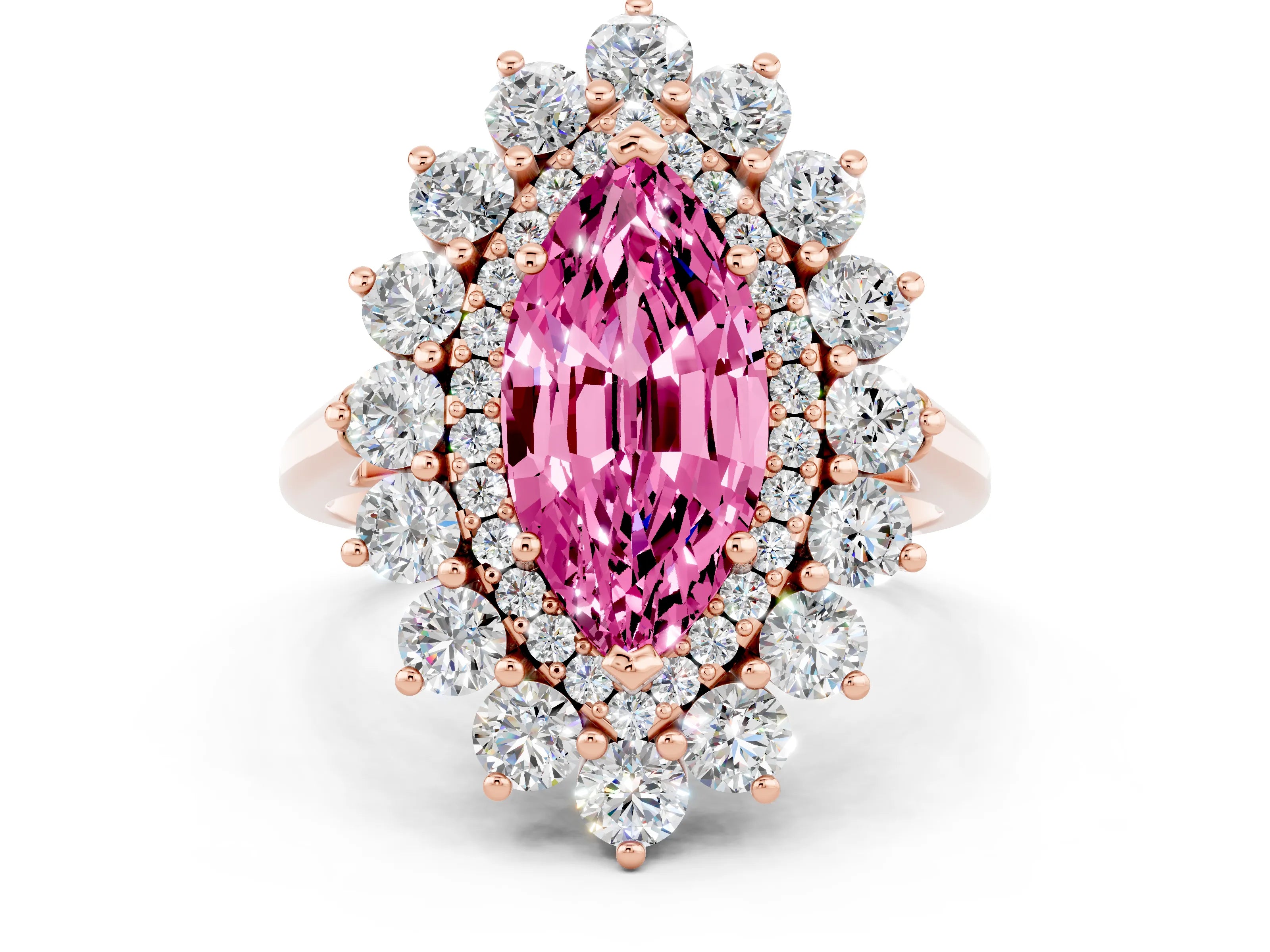 Rose gold Marquise Cut Halo Cluster Diamond Ring with Pave Band and Four-Prong Setting_12