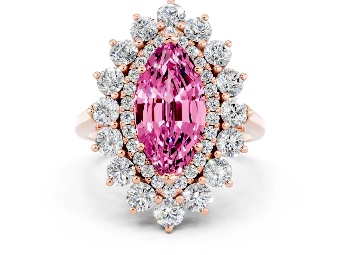 Rose gold Marquise Cut Halo Cluster Diamond Ring with Pave Band and Four-Prong Setting_12