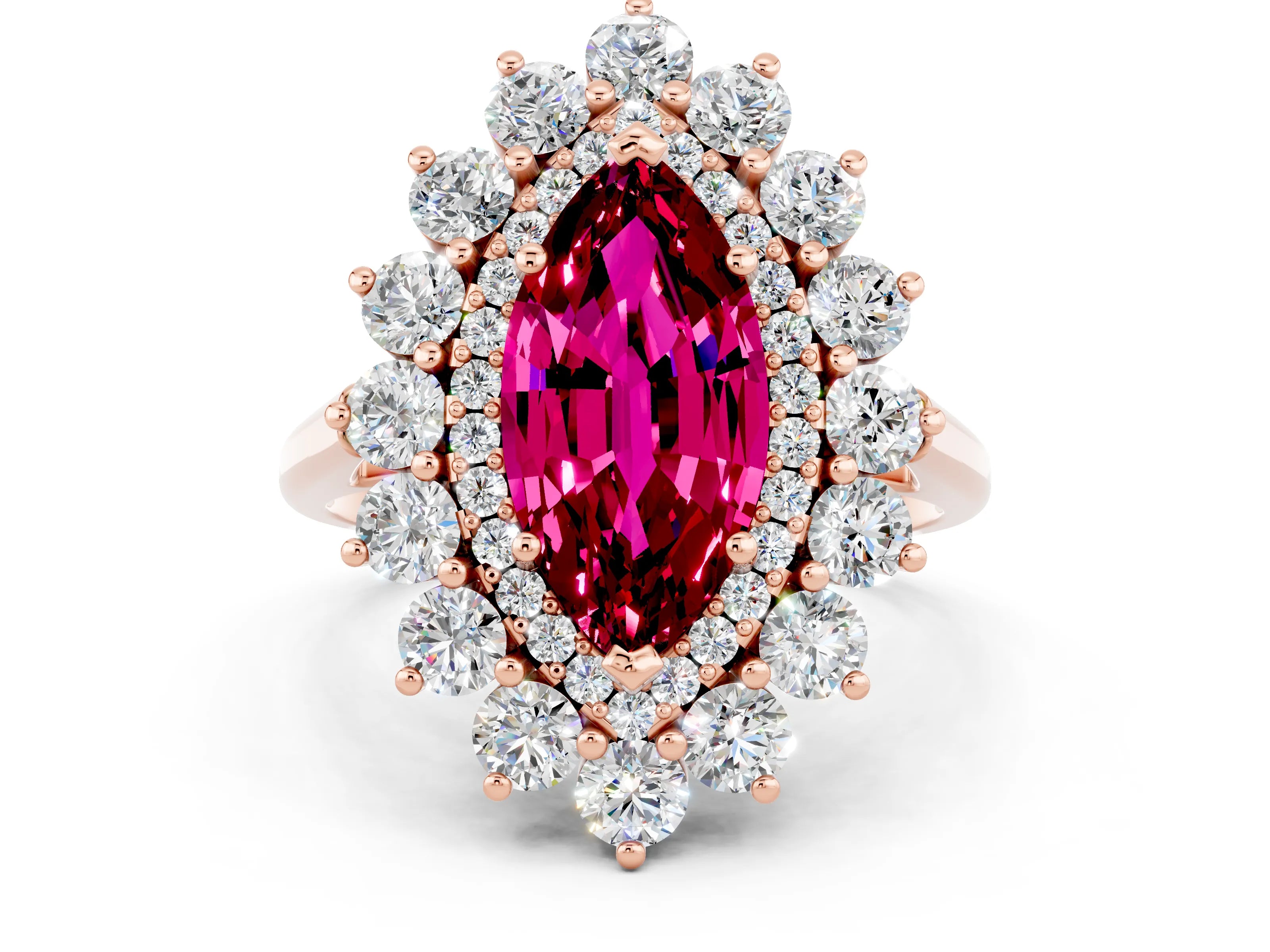 Rose gold Marquise Cut Halo Cluster Diamond Ring with Pave Band and Four-Prong Setting_12