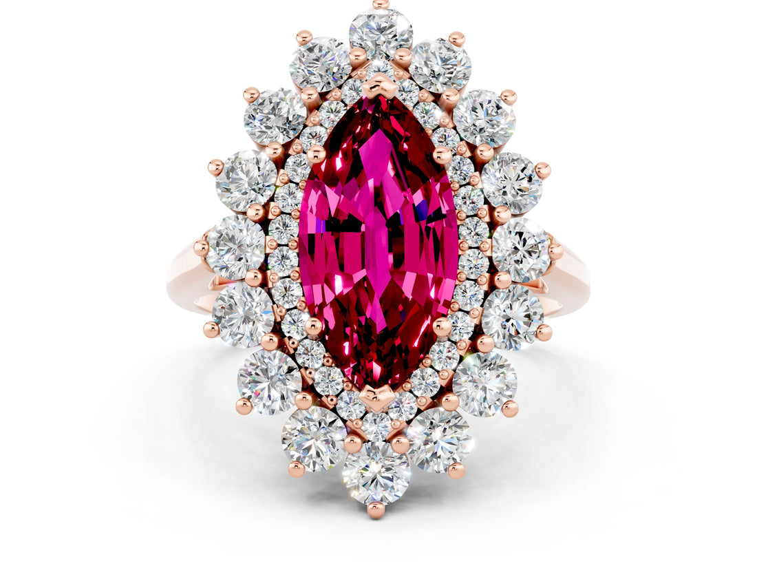 Rose gold Marquise Cut Halo Cluster Diamond Ring with Pave Band and Four-Prong Setting_12
