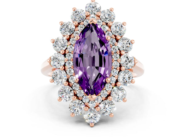 Rose gold Marquise Cut Amethyst Floral Double Halo Engagement Ring with Prong Setting