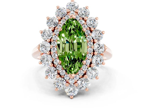 Rose gold Marquise Cut Peridot Floral Double Halo Engagement Ring with Prong Setting