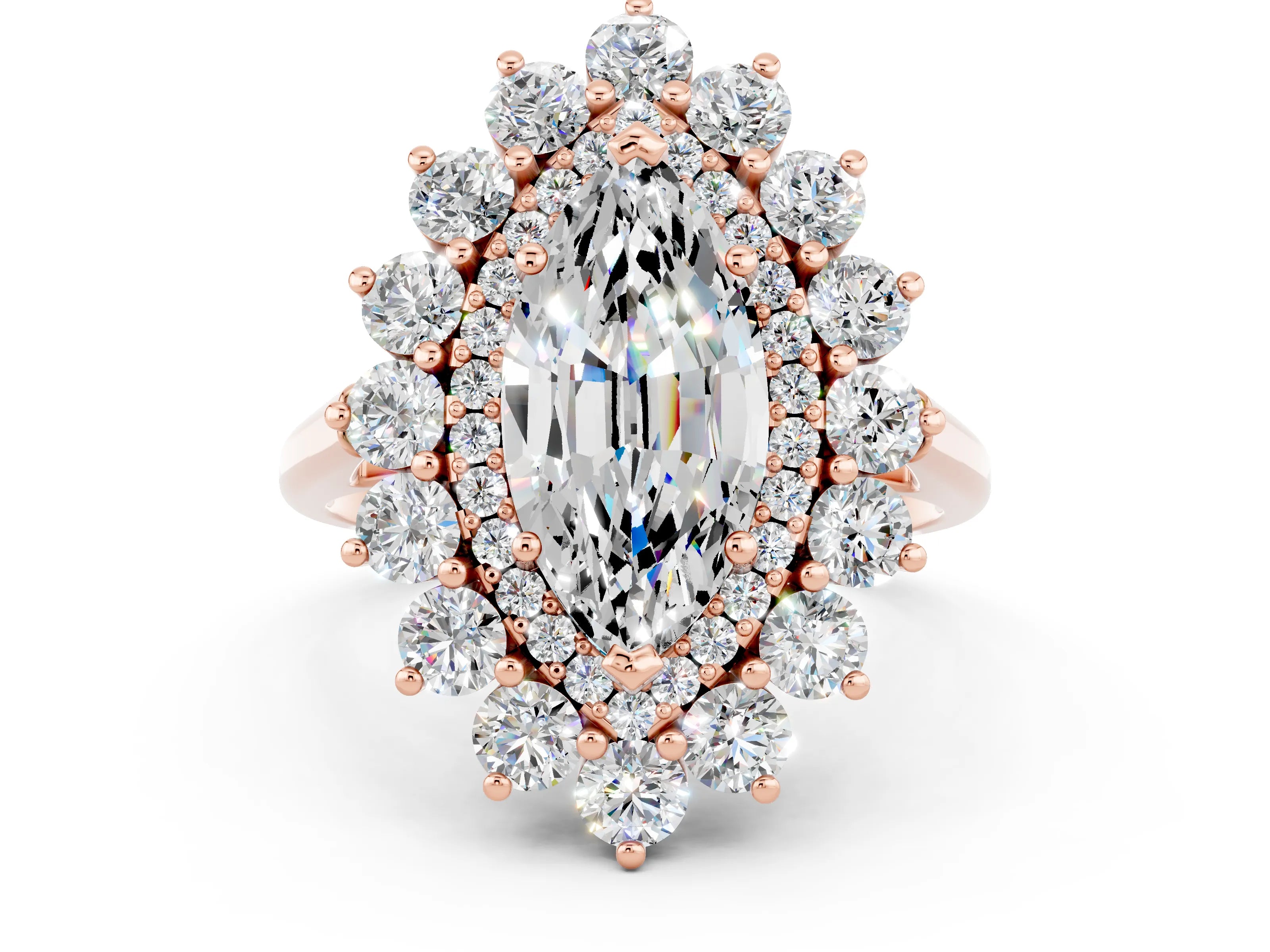 Rose gold Marquise Cut Halo Cluster Diamond Ring with Pave Band and Four-Prong Setting_12