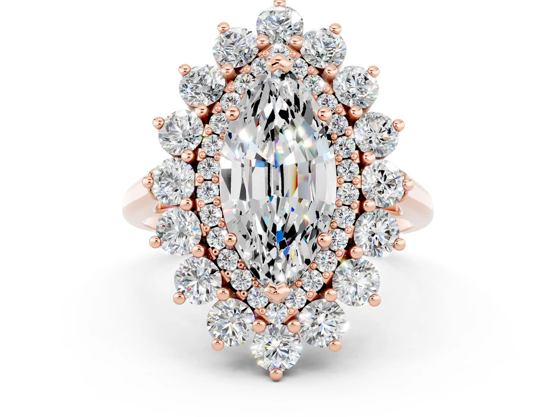 Rose gold Marquise Cut Halo Cluster Diamond Ring with Pave Band and Four-Prong Setting_12