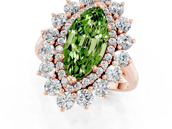 Rose gold Marquise Cut Peridot Floral Double Halo Engagement Ring with Prong Setting