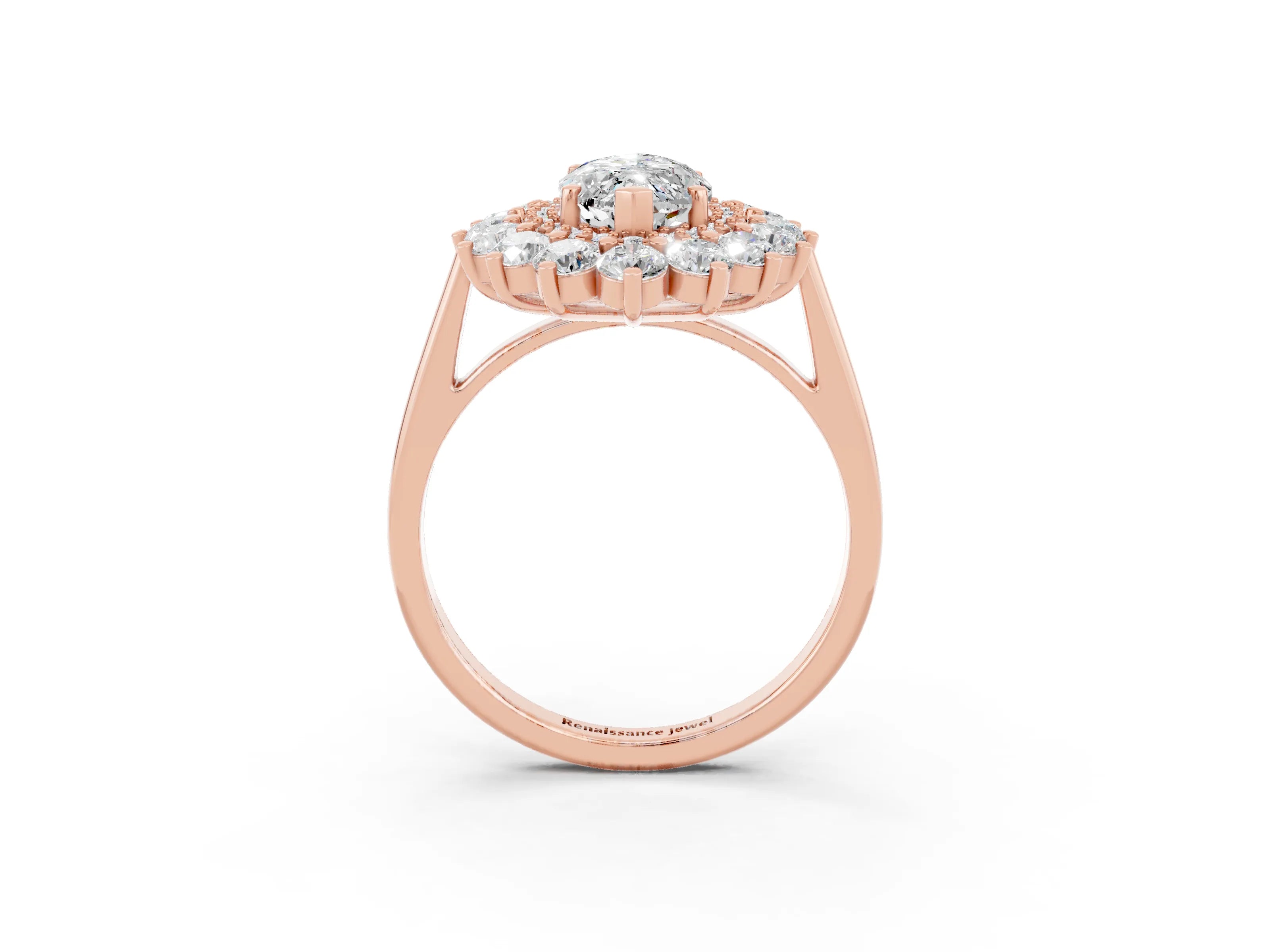 Rose gold Marquise Cut Halo Cluster Diamond Ring with Pave Band and Four-Prong Setting_15