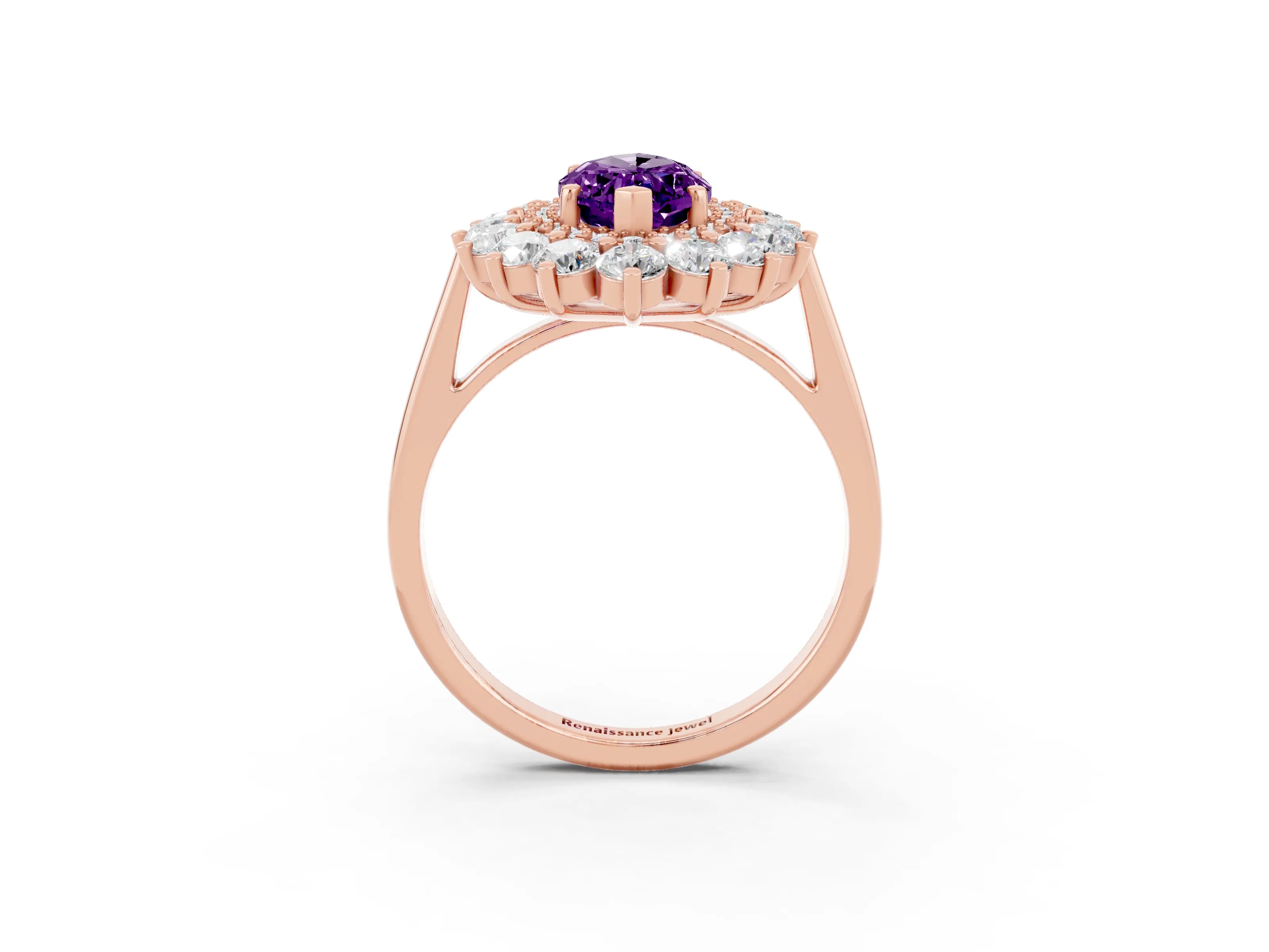 Rose gold Marquise Cut Halo Cluster Diamond Ring with Pave Band and Four-Prong Setting_15
