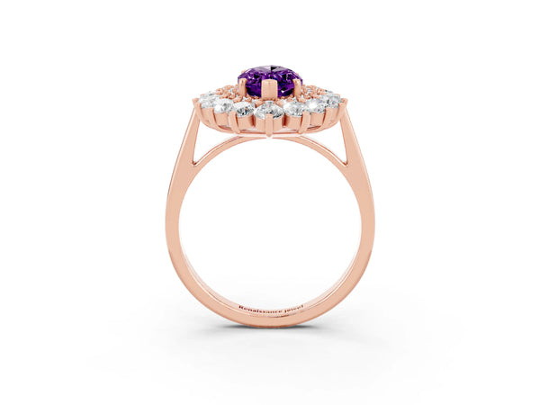 Rose gold Marquise Cut Amethyst Floral Double Halo Engagement Ring with Prong Setting