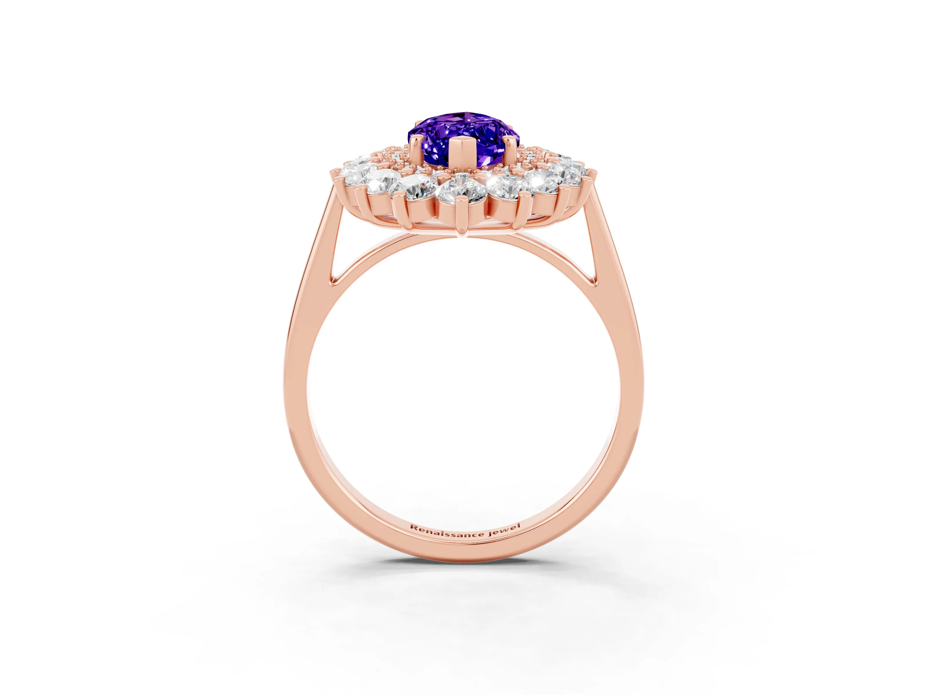 Rose gold Marquise Cut Halo Cluster Diamond Ring with Pave Band and Four-Prong Setting_15