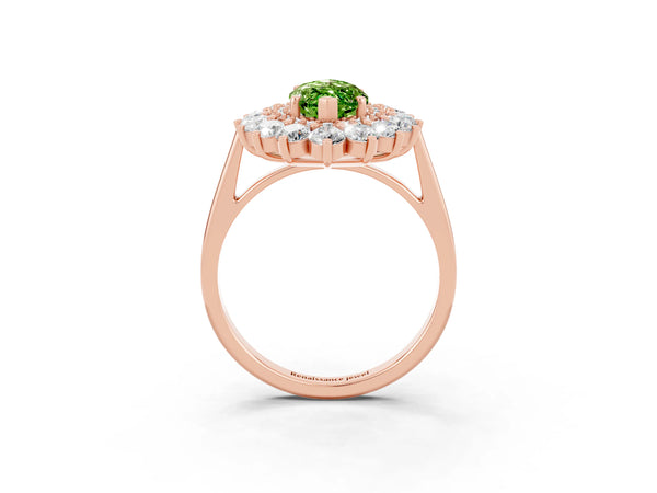 Rose gold Marquise Cut Peridot Floral Double Halo Engagement Ring with Prong Setting