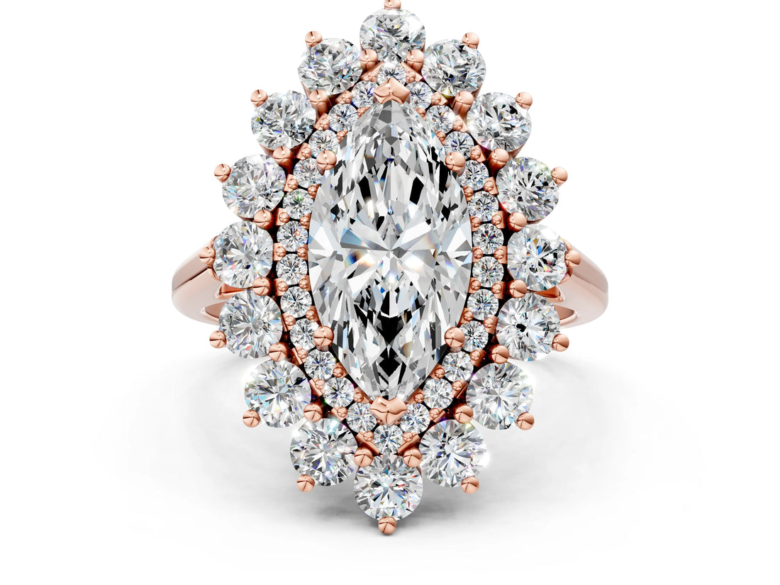 Rose gold Marquise Cut Halo Cluster Diamond Ring with Pave Band and Four-Prong Setting_3