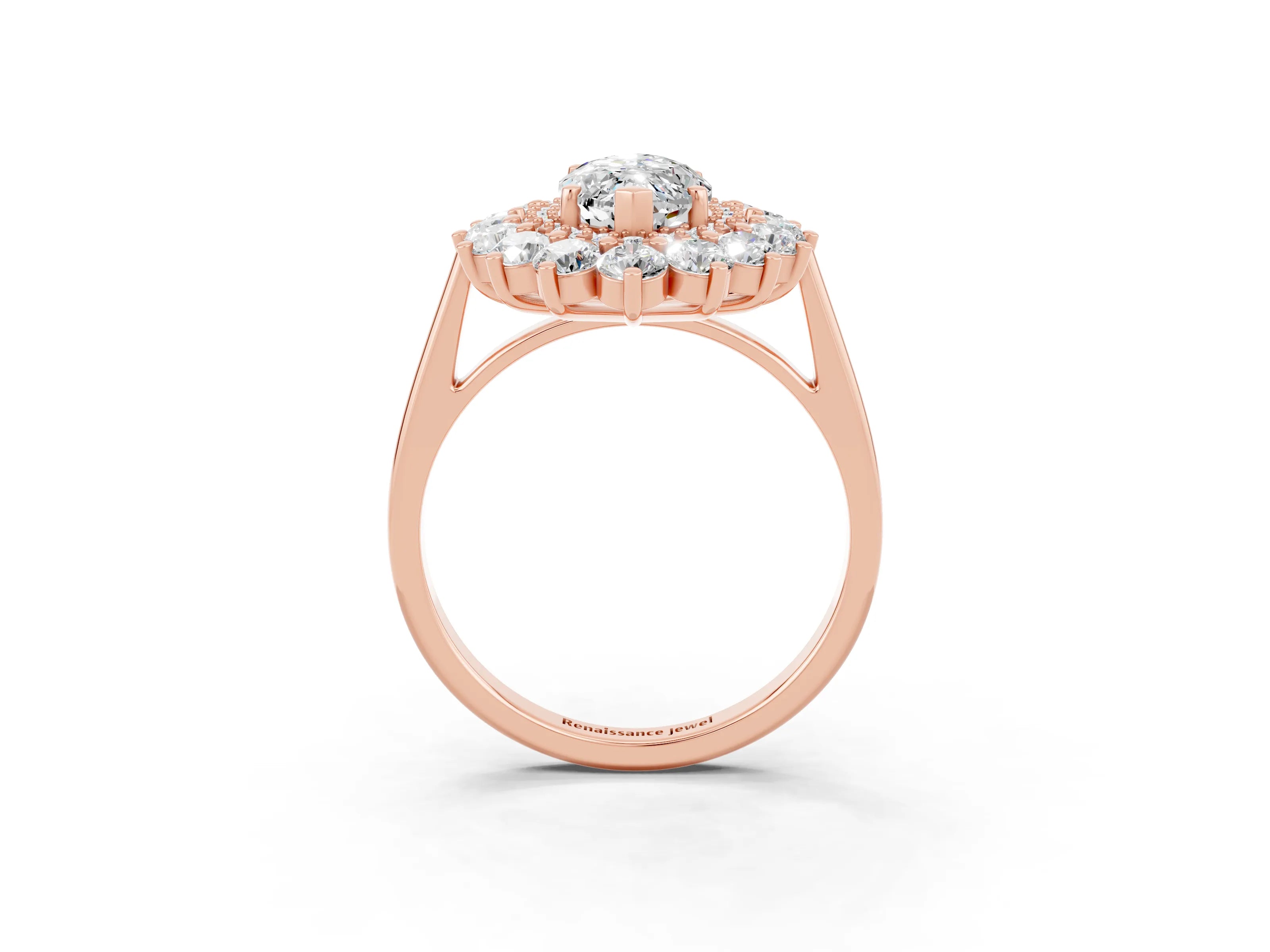 Rose gold Marquise Cut Halo Cluster Diamond Ring with Pave Band and Four-Prong Setting_3