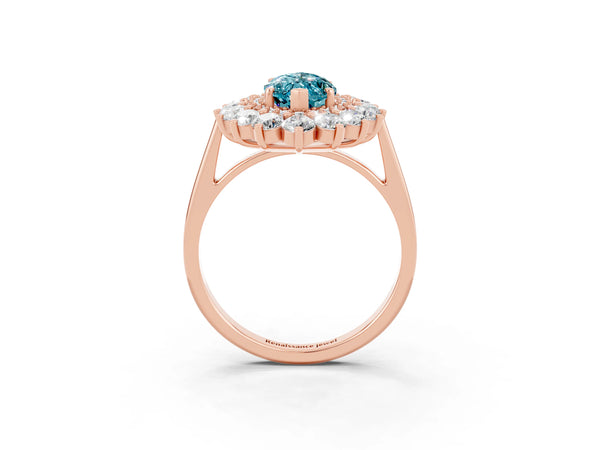 Rose gold Marquise Cut Halo Cluster Diamond Ring with Pave Band and Four-Prong Setting