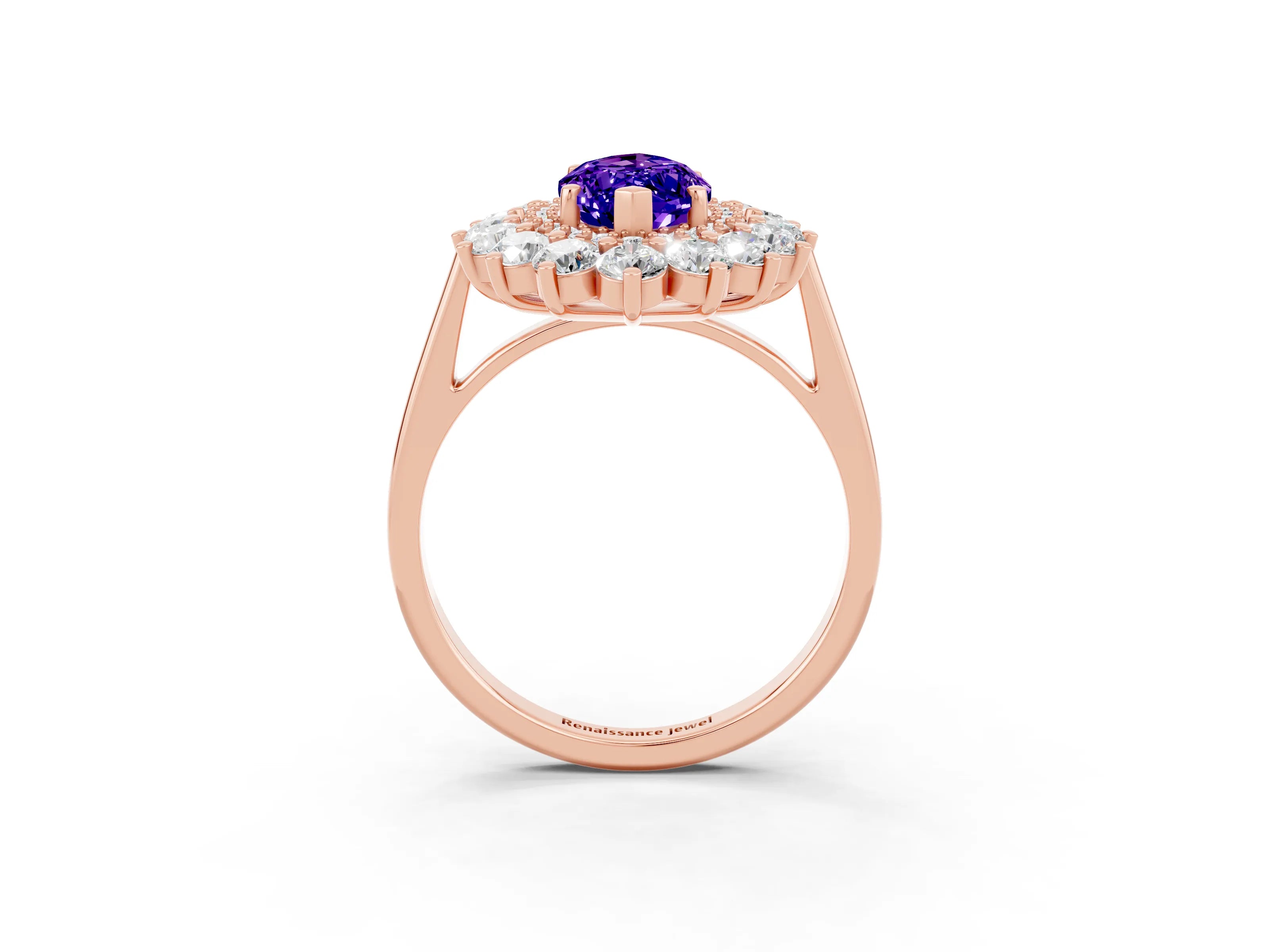 Rose gold Marquise Cut Halo Cluster Diamond Ring with Pave Band and Four-Prong Setting_3