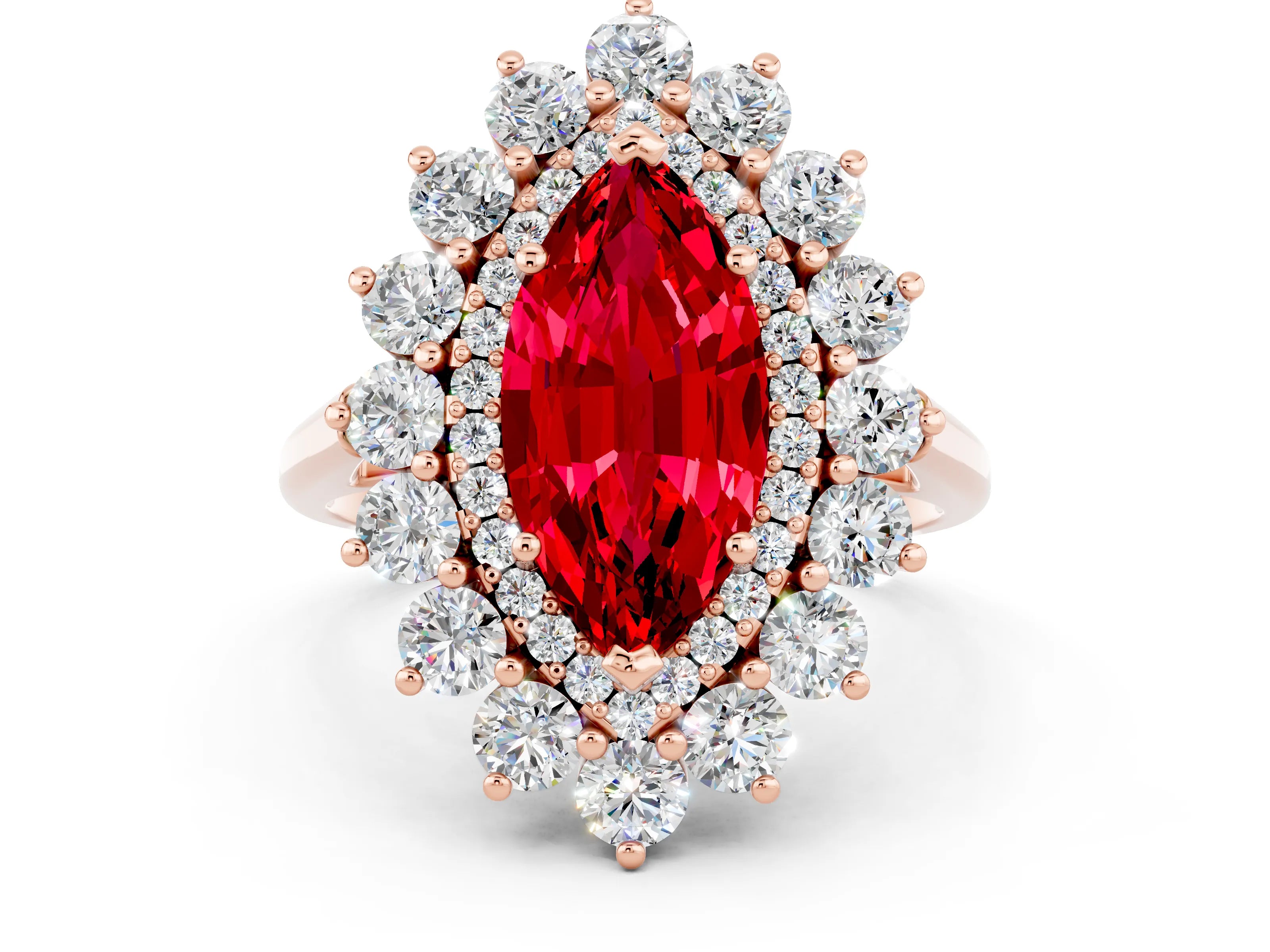 Rose gold Marquise Cut Halo Cluster Diamond Ring with Pave Band and Four-Prong Setting