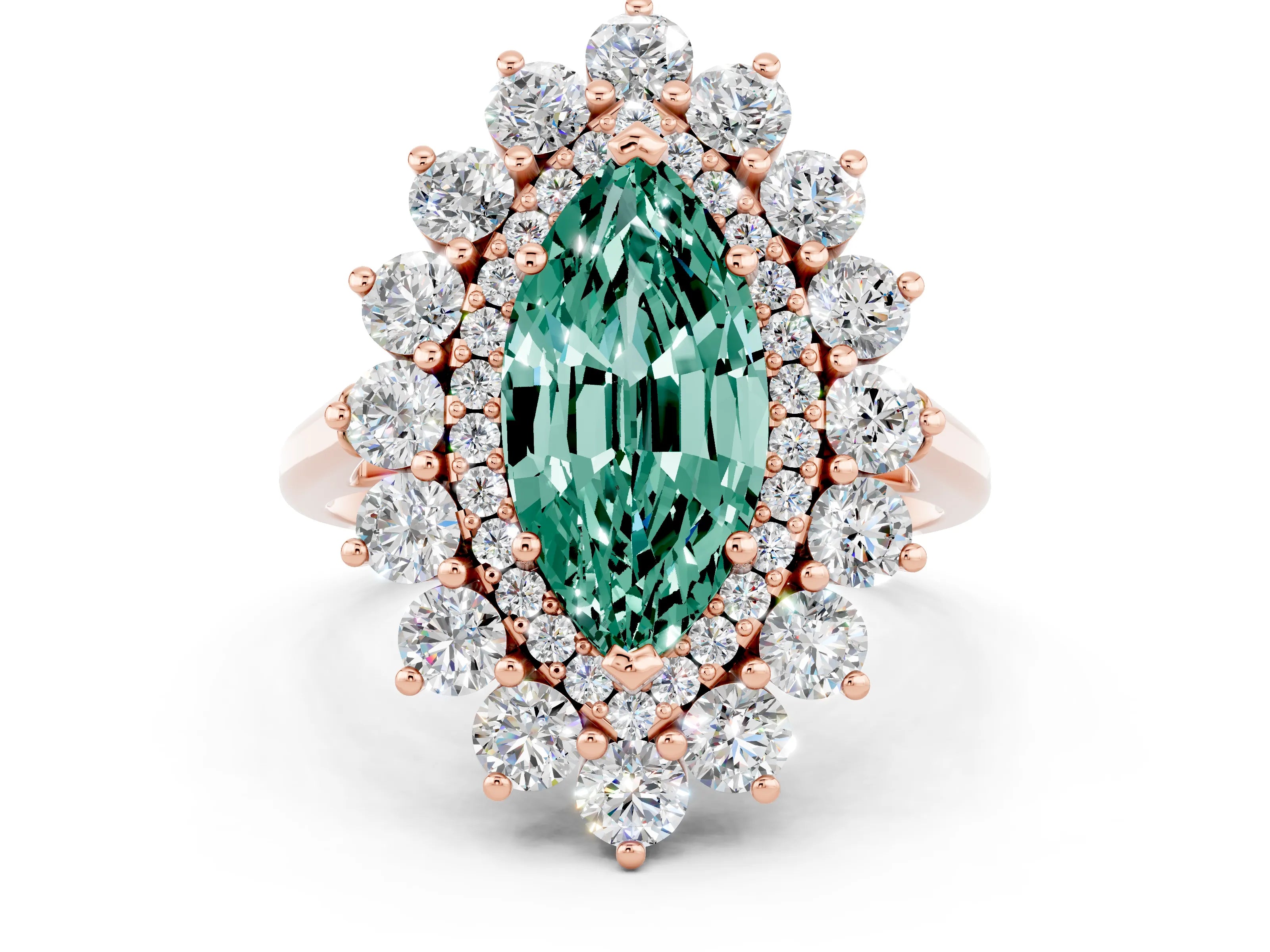 Rose gold Marquise Cut Halo Cluster Diamond Ring with Pave Band and Four-Prong Setting