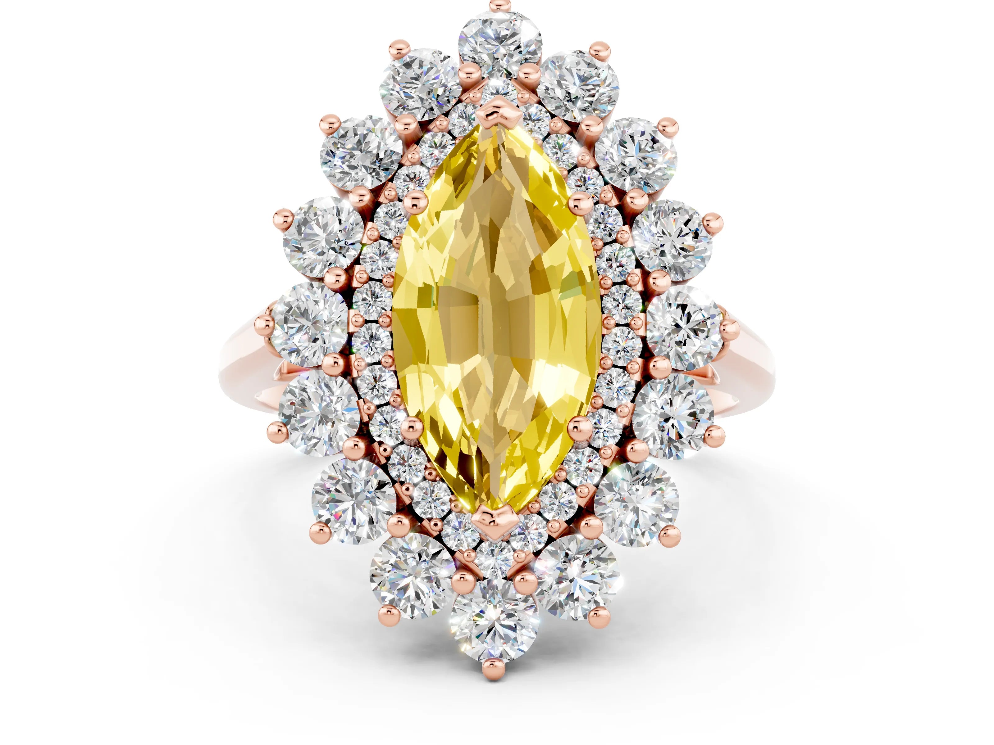 Rose gold Marquise Cut Halo Cluster Diamond Ring with Pave Band and Four-Prong Setting