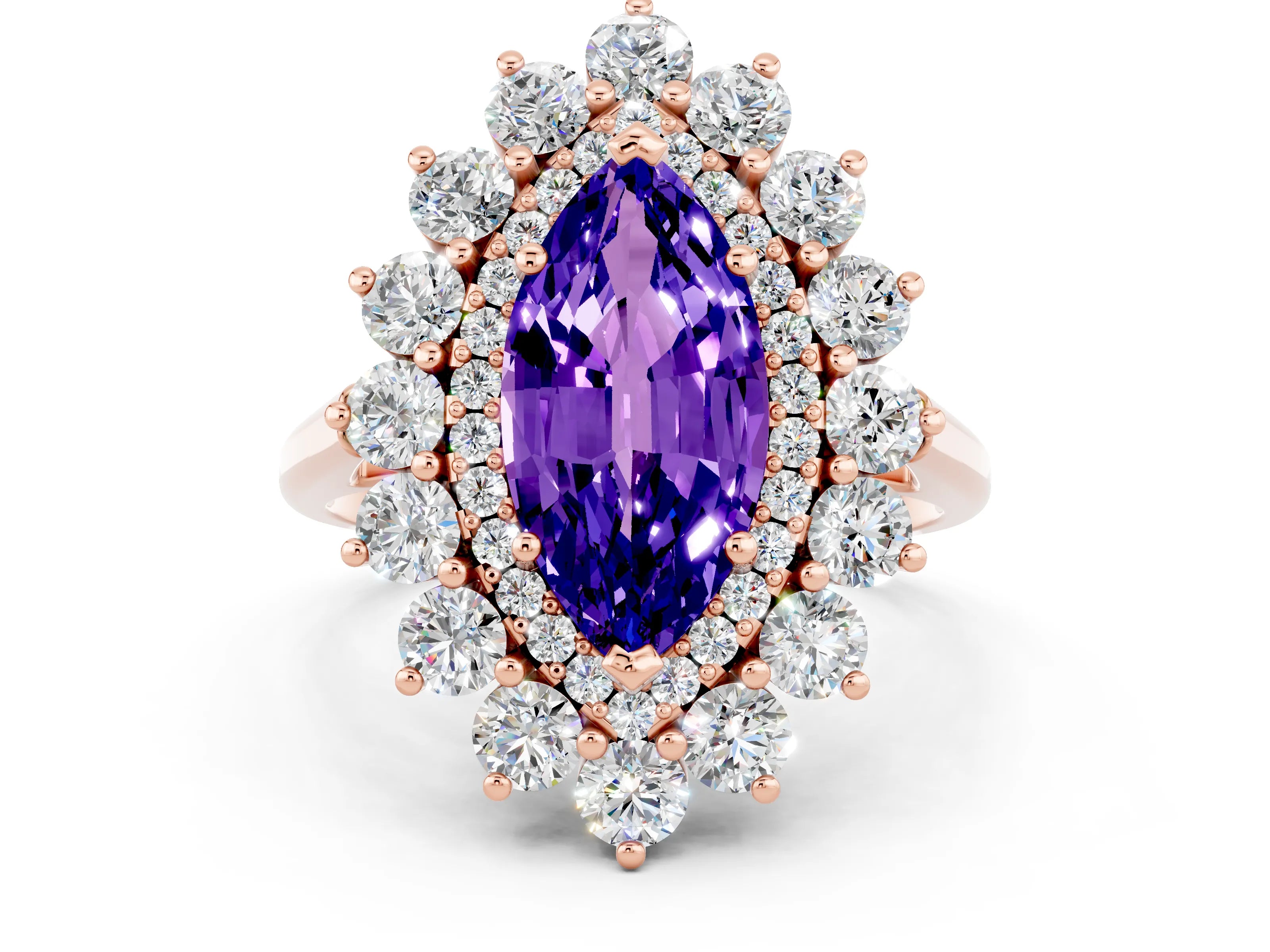 Rose gold Marquise Cut Halo Cluster Diamond Ring with Pave Band and Four-Prong Setting