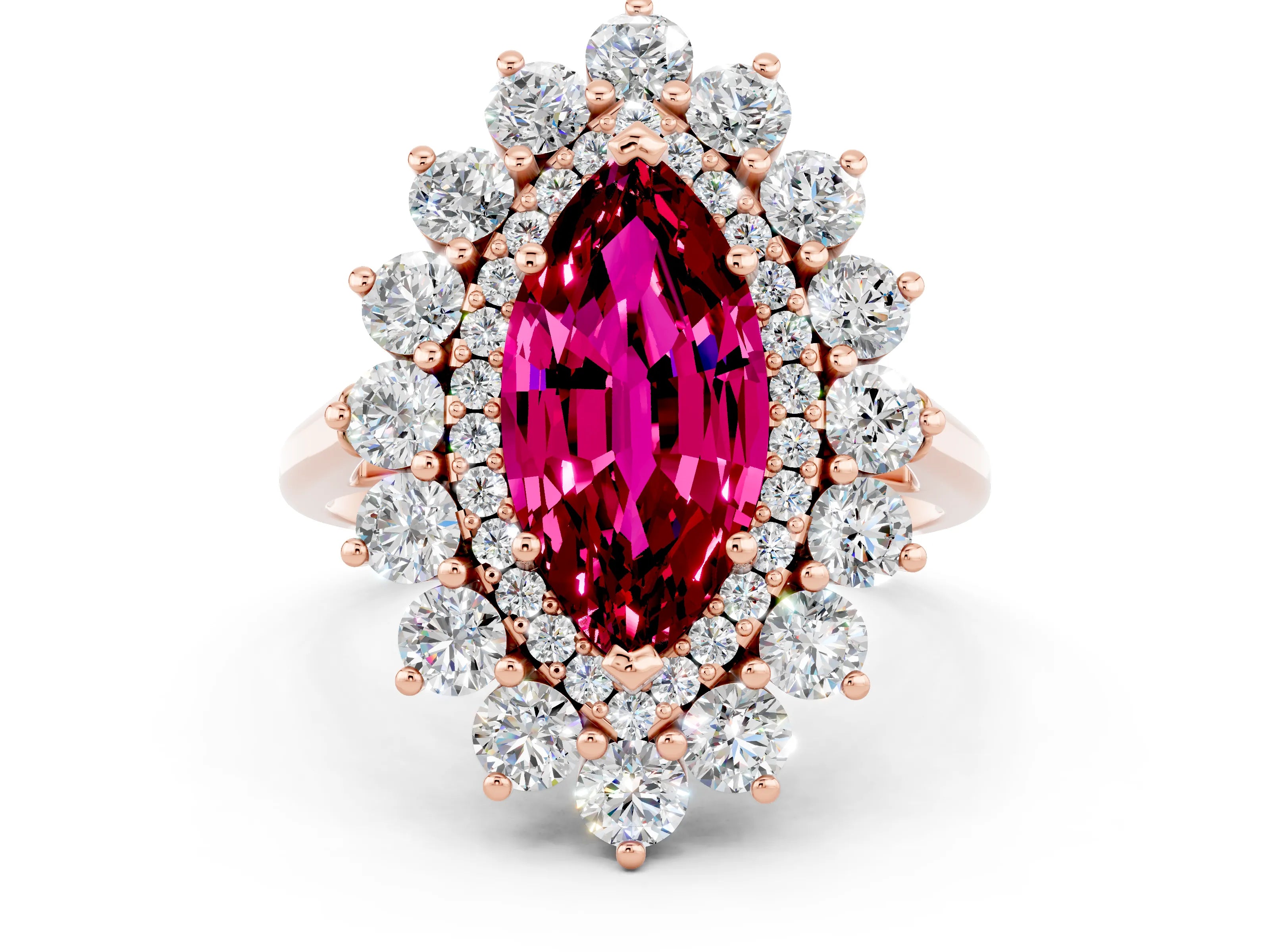 Rose gold Marquise Cut Halo Cluster Diamond Ring with Pave Band and Four-Prong Setting
