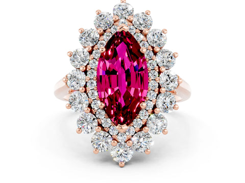 Rose gold Marquise Cut Halo Cluster Diamond Ring with Pave Band and Four-Prong Setting