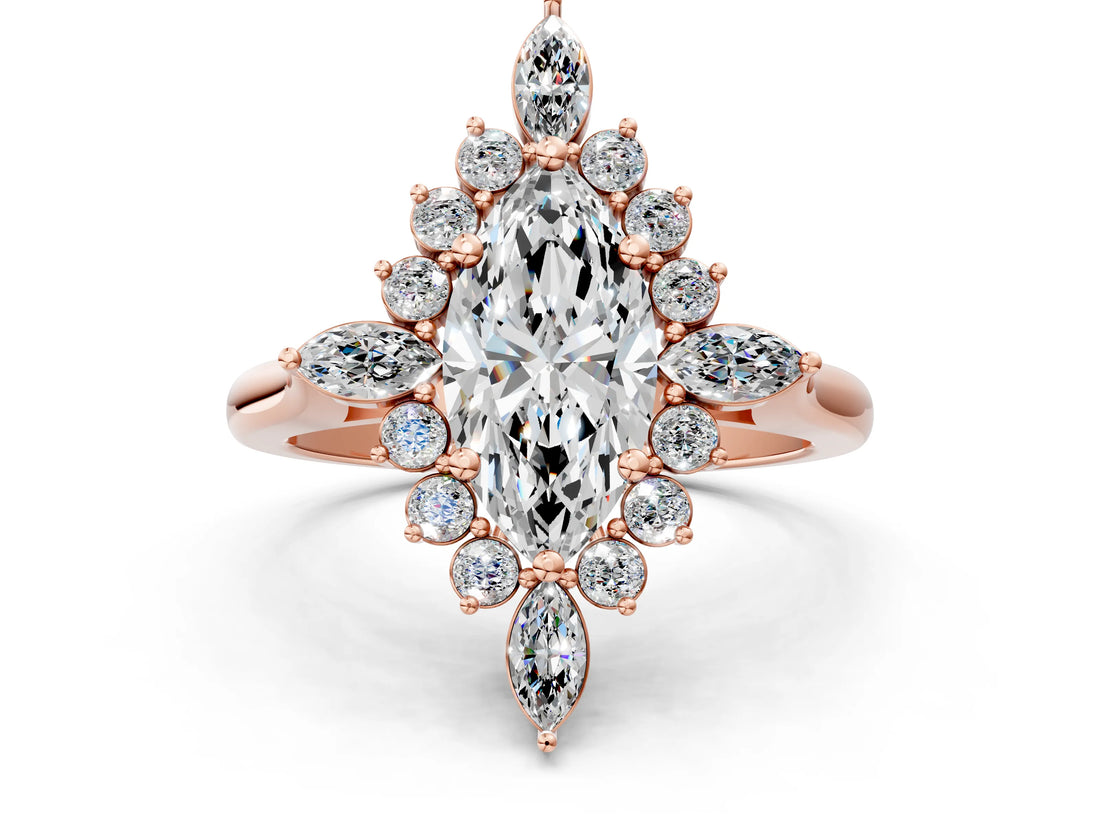 Rose gold Marquise Cut Halo Diamond Cluster Ring with Marquise and Round Stones on a White Gold Band with Prong Setting_15