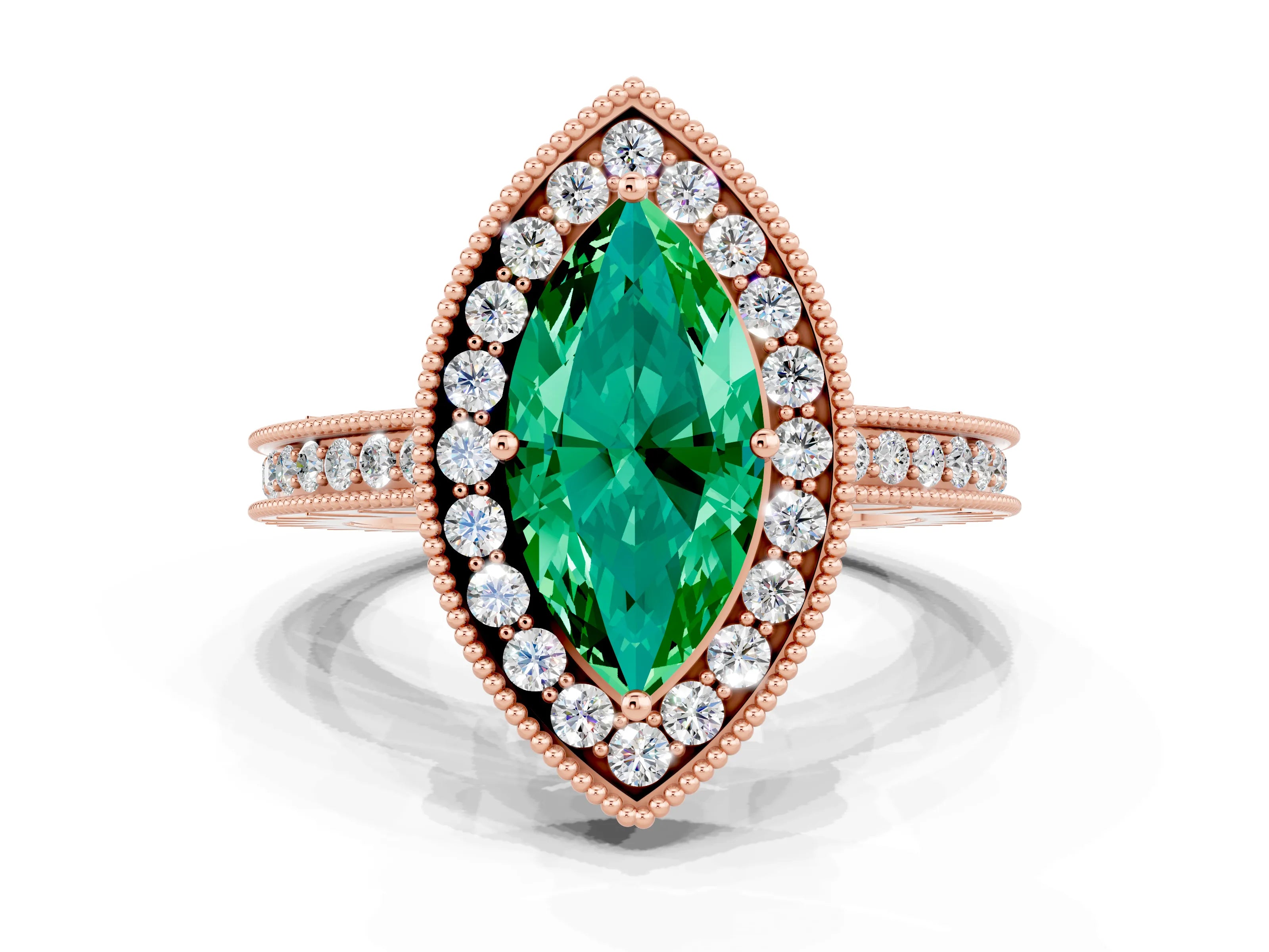 Rose gold Marquise Cut Halo Diamond Engagement Ring with Milgrain Pave Band and Four-Prong Setting