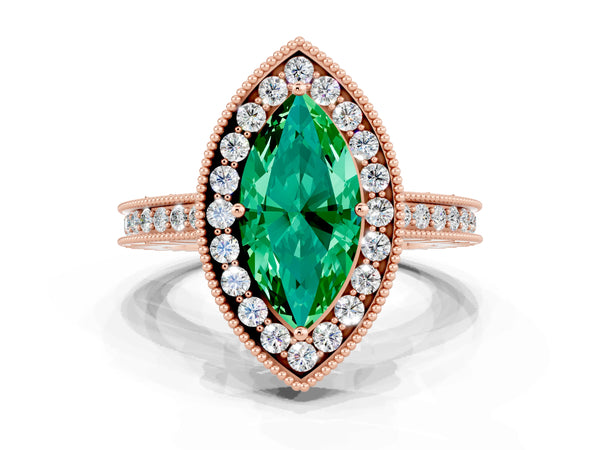 Rose gold Marquise Cut Halo Diamond Engagement Ring with Milgrain Pave Band and Four-Prong Setting