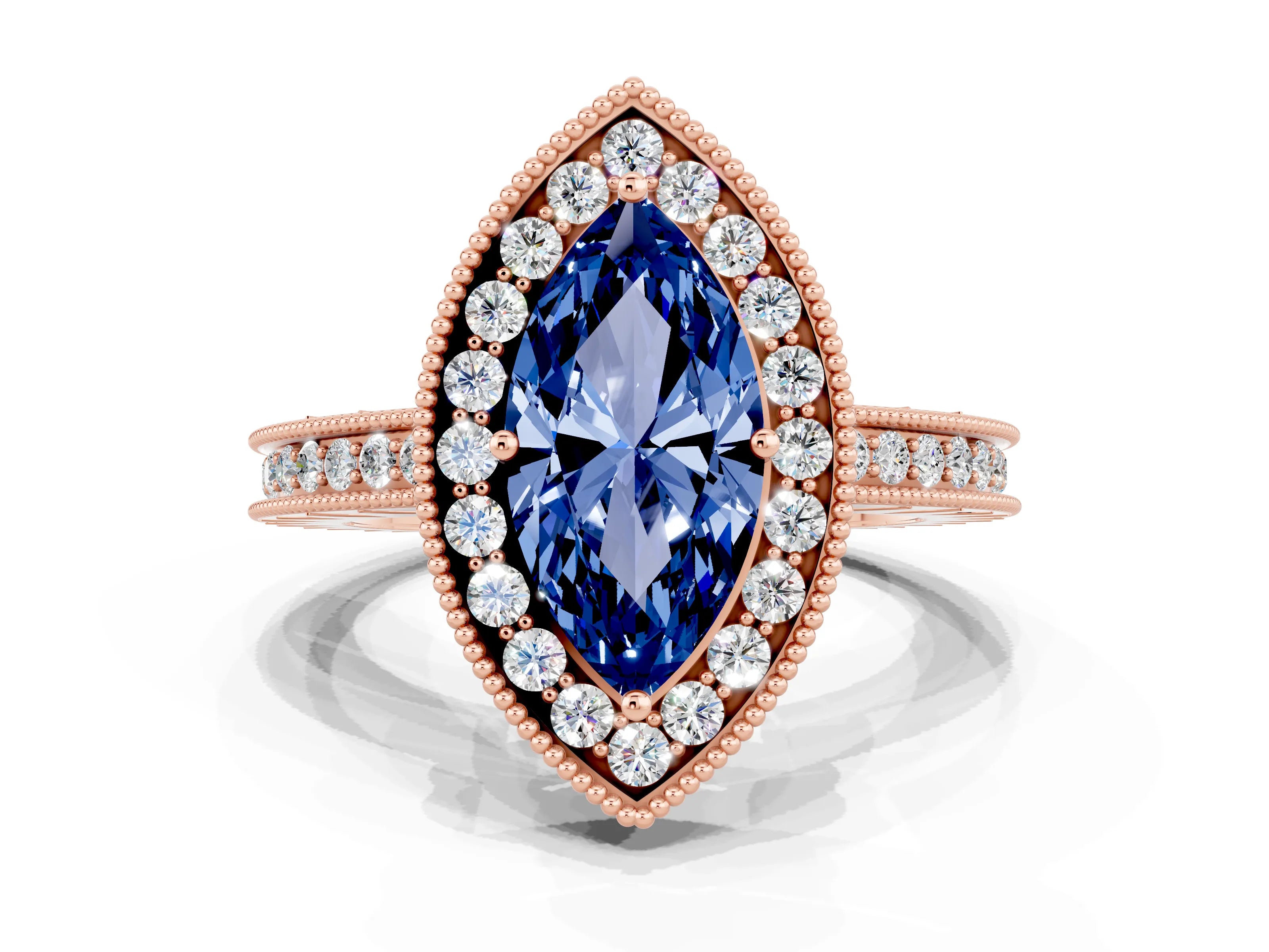 Rose gold Marquise Cut Halo Diamond Engagement Ring with Milgrain Pave Band and Four-Prong Setting