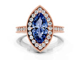 Rose gold Marquise Cut Halo Diamond Engagement Ring with Milgrain Pave Band and Four-Prong Setting