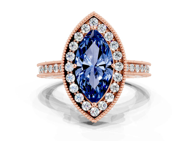 Rose gold Marquise Cut Halo Diamond Engagement Ring with Milgrain Pave Band and Four-Prong Setting