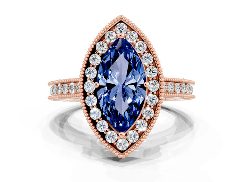 Rose gold Marquise Cut Halo Diamond Engagement Ring with Milgrain Pave Band and Four-Prong Setting