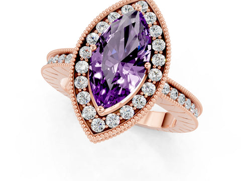 Rose gold Marquise Cut Halo Diamond Engagement Ring with Milgrain Pave Band and Four-Prong Setting_1
