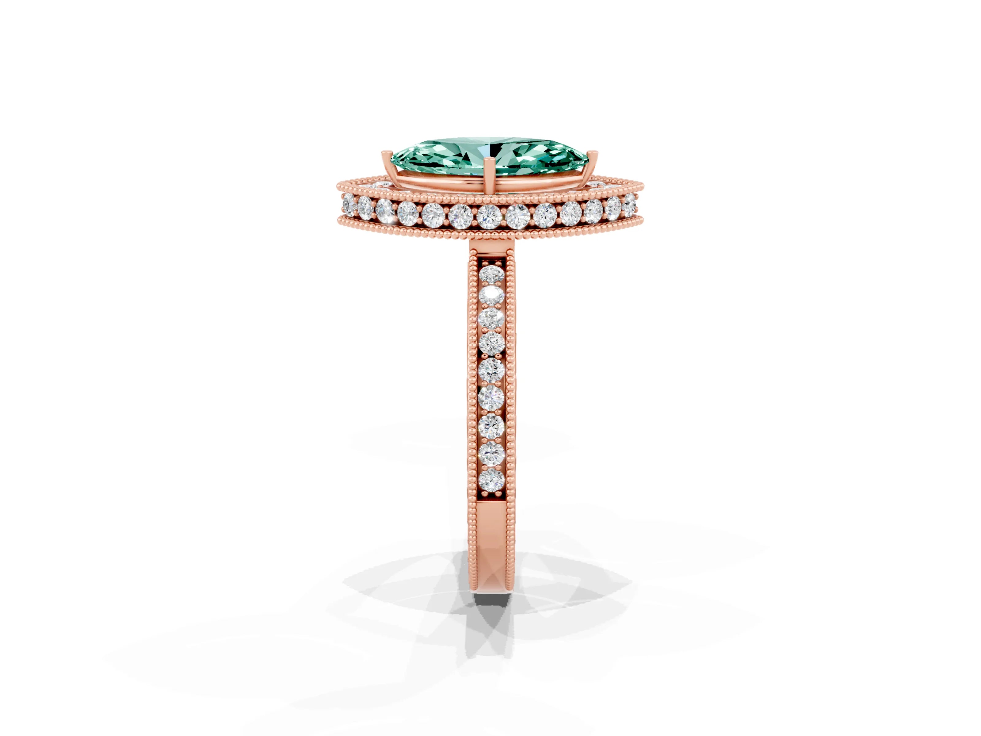 Rose gold Marquise Cut Halo Diamond Engagement Ring with Milgrain Pave Band and Four-Prong Setting_1