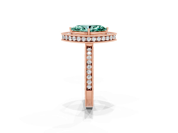 Rose gold Marquise Cut Halo Diamond Engagement Ring with Milgrain Pave Band and Four-Prong Setting