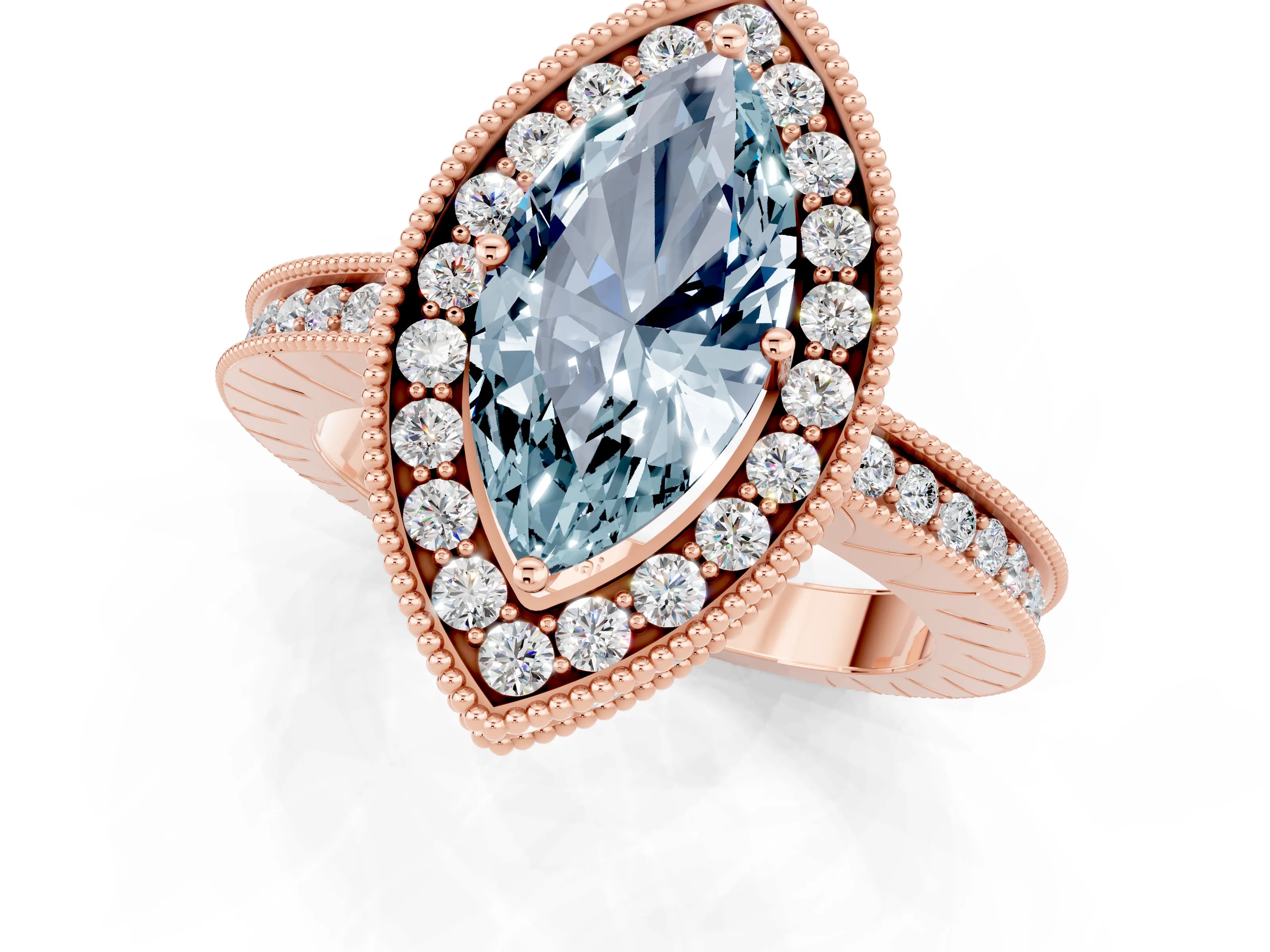 Rose gold Marquise Cut Halo Diamond Engagement Ring with Milgrain Pave Band and Four-Prong Setting_1