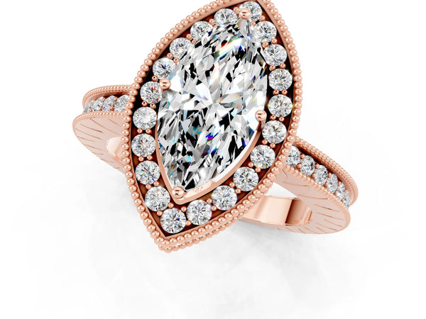 Rose gold Marquise Cut Halo Diamond Engagement Ring with Milgrain Pave Band and Four-Prong Setting