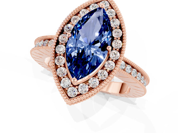 Rose gold Marquise Cut Halo Diamond Engagement Ring with Milgrain Pave Band and Four-Prong Setting
