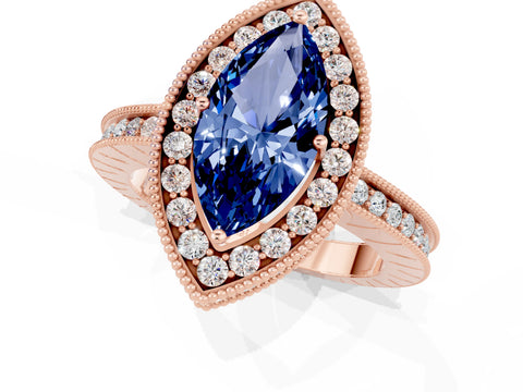 Rose gold Marquise Cut Halo Diamond Engagement Ring with Milgrain Pave Band and Four-Prong Setting_1