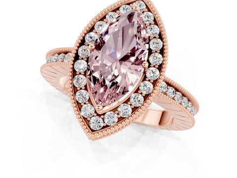 Rose gold Marquise Cut Halo Diamond Engagement Ring with Milgrain Pave Band and Four-Prong Setting_1