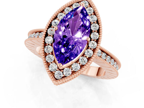 Rose gold Marquise Cut Halo Diamond Engagement Ring with Milgrain Pave Band and Four-Prong Setting_1
