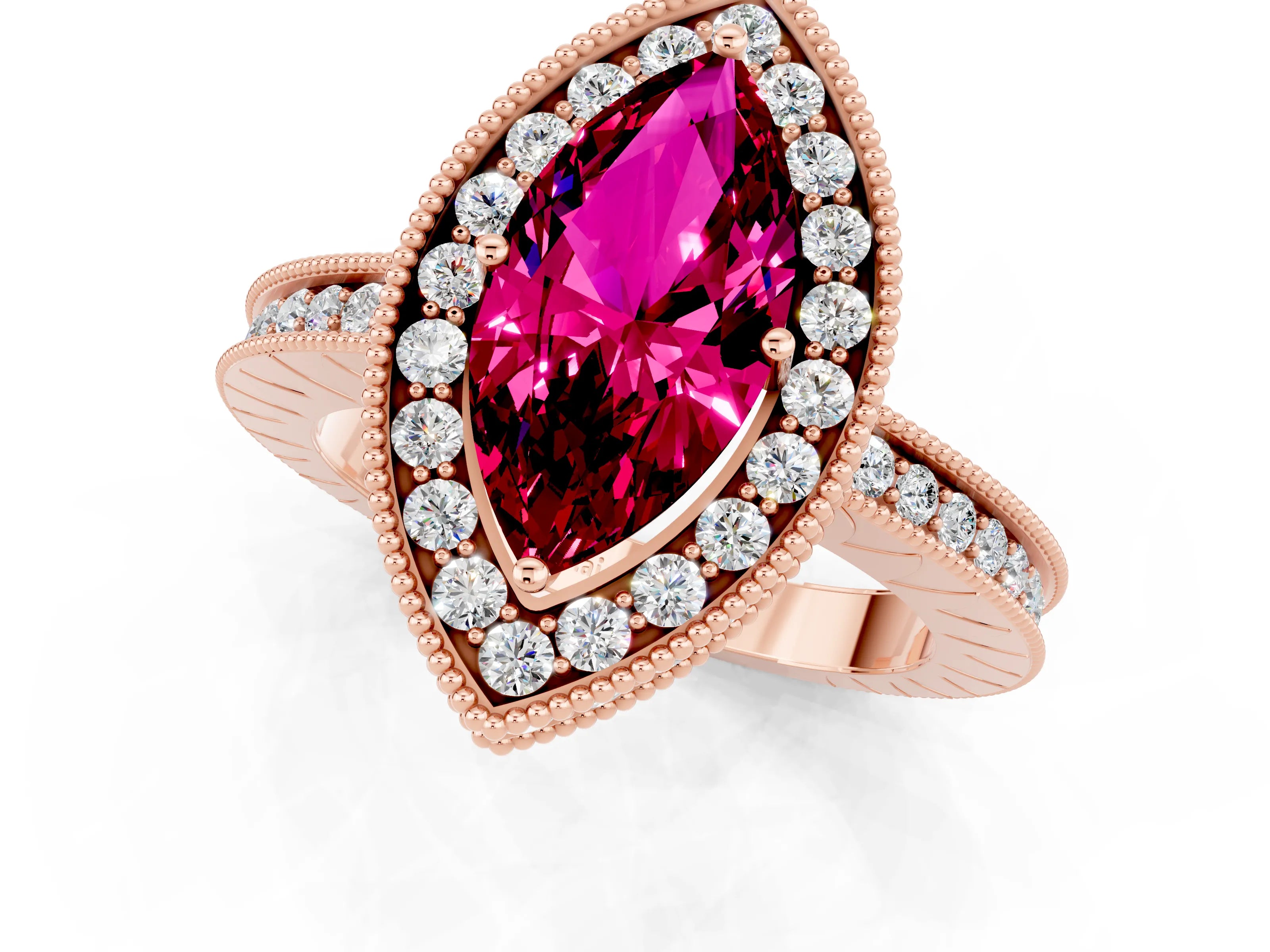 Rose gold Marquise Cut Halo Diamond Engagement Ring with Milgrain Pave Band and Four-Prong Setting_1