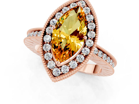 Rose gold Marquise Cut Halo Diamond Engagement Ring with Milgrain Pave Band and Four-Prong Setting_1