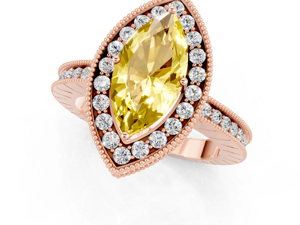 Rose gold Marquise Cut Halo Diamond Engagement Ring with Milgrain Pave Band and Four-Prong Setting