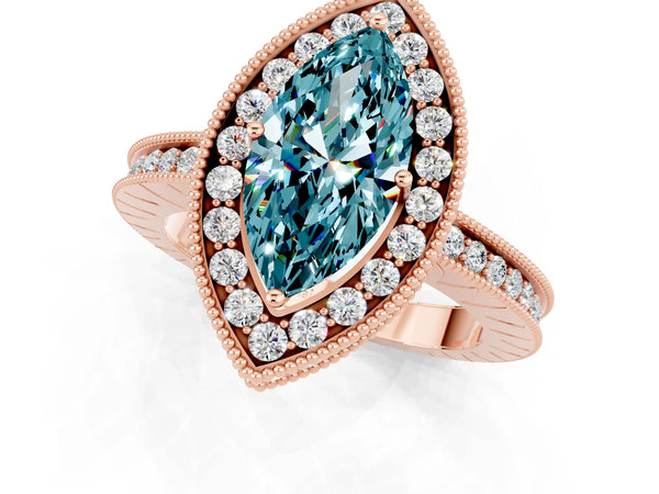 Rose gold Marquise Cut Halo Diamond Engagement Ring with Milgrain Pave Band and Four-Prong Setting