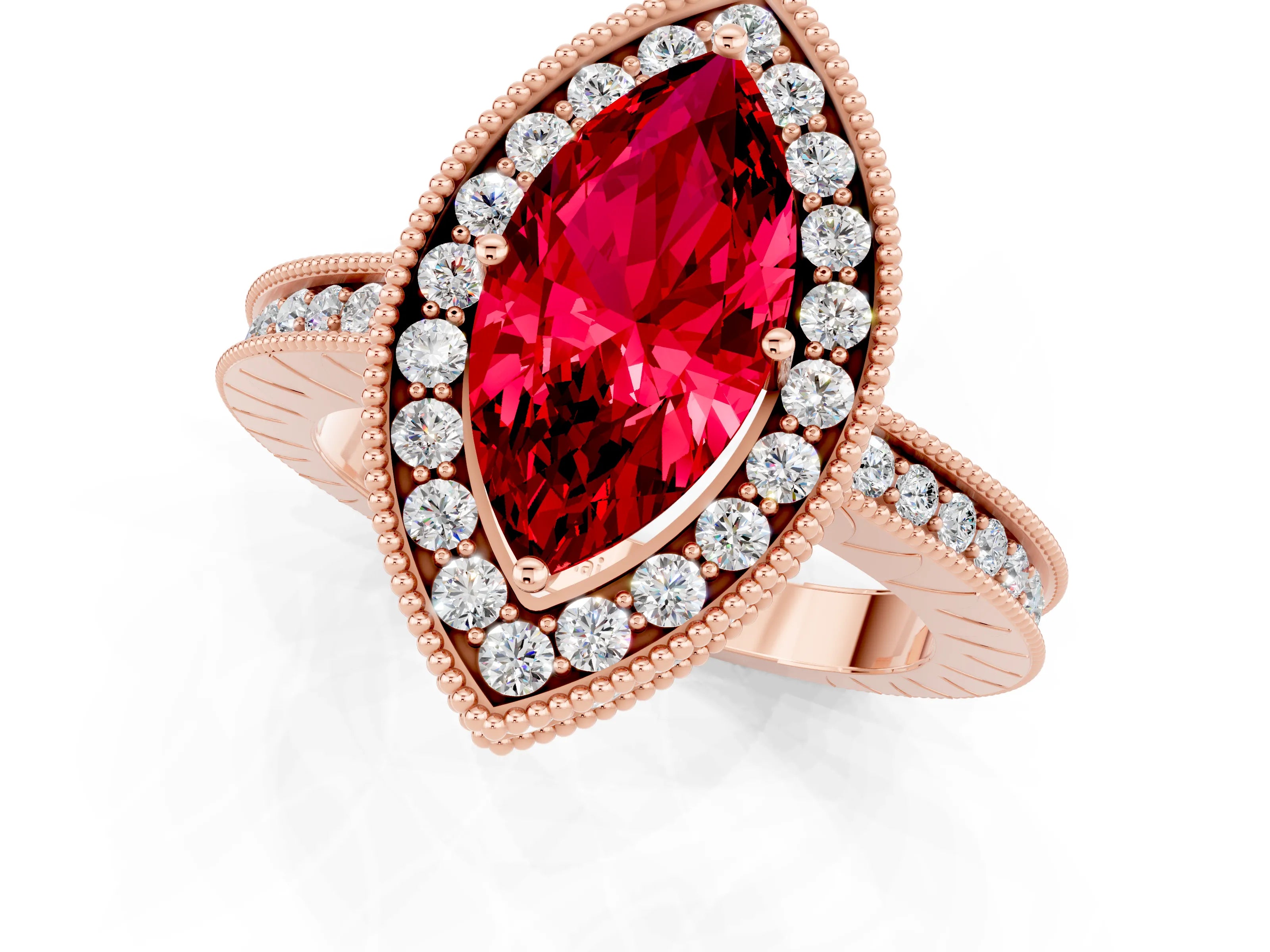 Rose gold Marquise Cut Halo Diamond Engagement Ring with Milgrain Pave Band and Four-Prong Setting_1