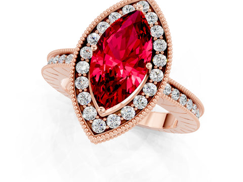 Rose gold Marquise Cut Halo Diamond Engagement Ring with Milgrain Pave Band and Four-Prong Setting_1