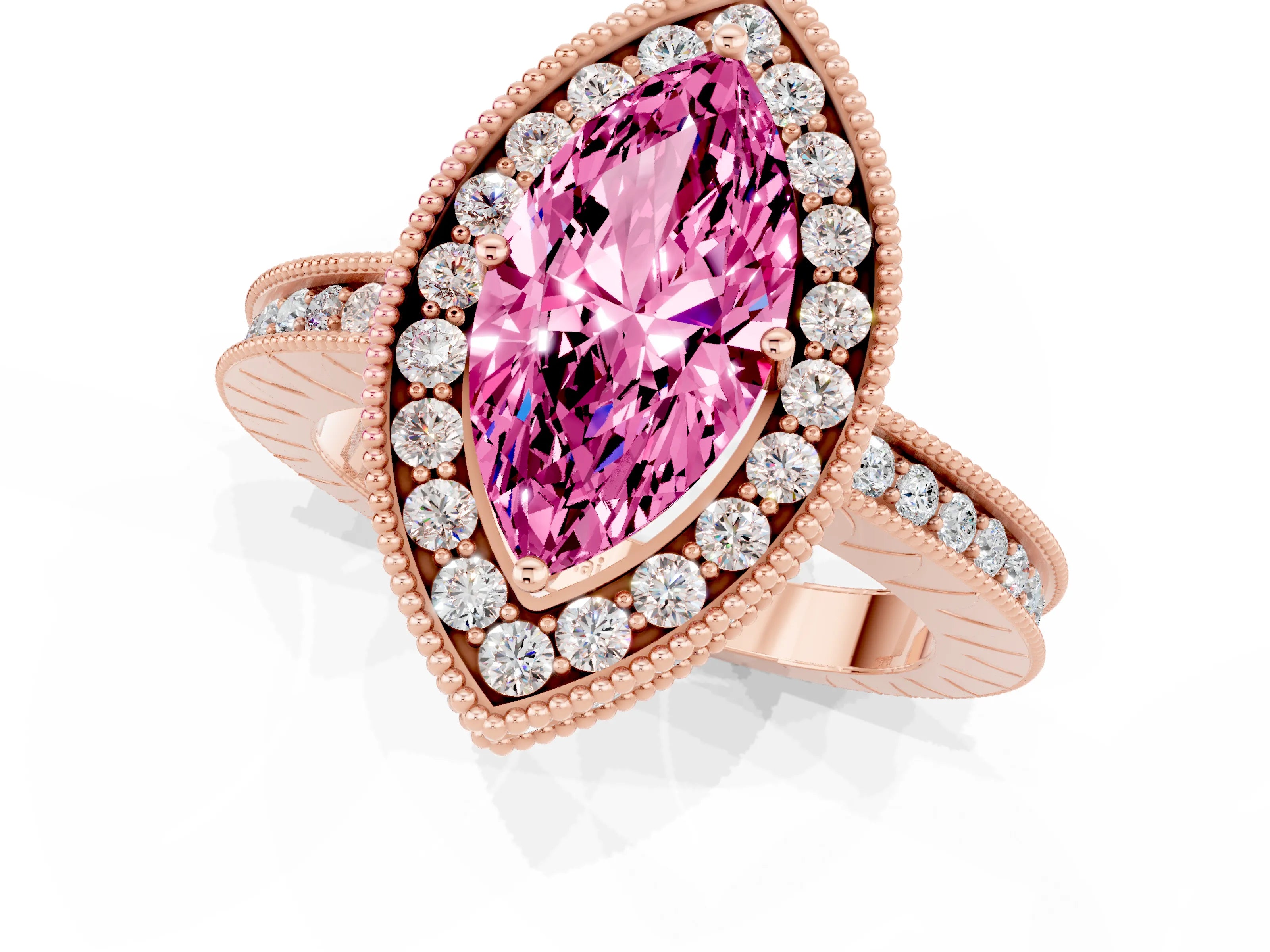 Rose gold Marquise Cut Halo Diamond Engagement Ring with Milgrain Pave Band and Four-Prong Setting_1