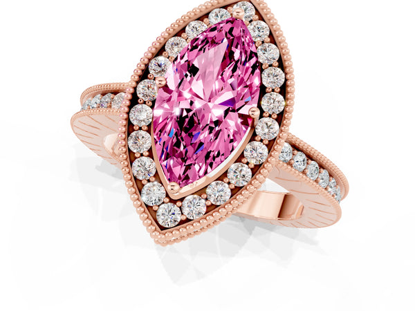 Rose gold Marquise Cut Halo Diamond Engagement Ring with Milgrain Pave Band and Four-Prong Setting