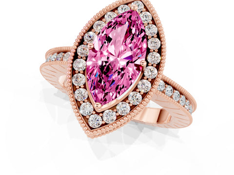 Rose gold Marquise Cut Halo Diamond Engagement Ring with Milgrain Pave Band and Four-Prong Setting_1